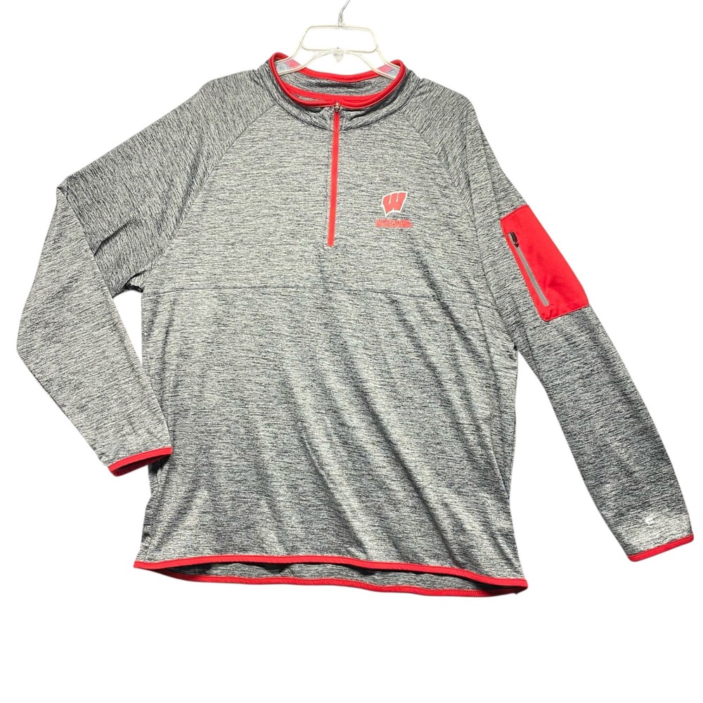Colosseum Wisconsin Badgers Quarter Zip Pullover Sweatshirt Men's XL Gray Red